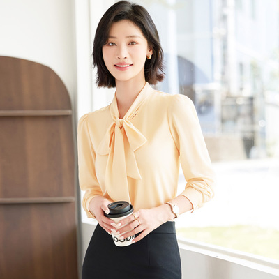 优雅杏色蓝色系带长袖衬衫女气质