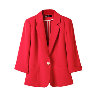 春夏中袖小西装外套女大红色七分袖短款小个子西服上衣浅蓝玫红色