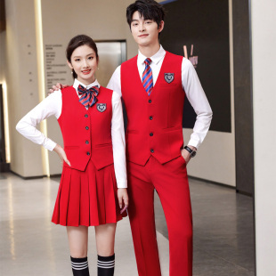 男女同款职业大红色马甲西裤套装学院风婚庆公司锣鼓队团服演出服