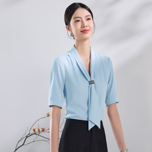 夏季短袖衬衫女浅蓝色白色v领飘带美容院珠宝店文员办公室工作服