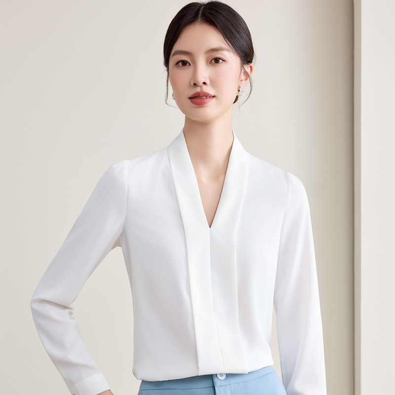 高档法式免烫V领衬衫女黑色白色