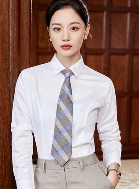 白色衬衫女长袖纯棉免烫高级感职业正装蓝色全棉工作服白衬衣领带