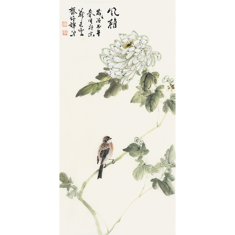 许辉《风雅》原创手绘写意菊花鸟竖幅国画原稿名家字画真迹挂画