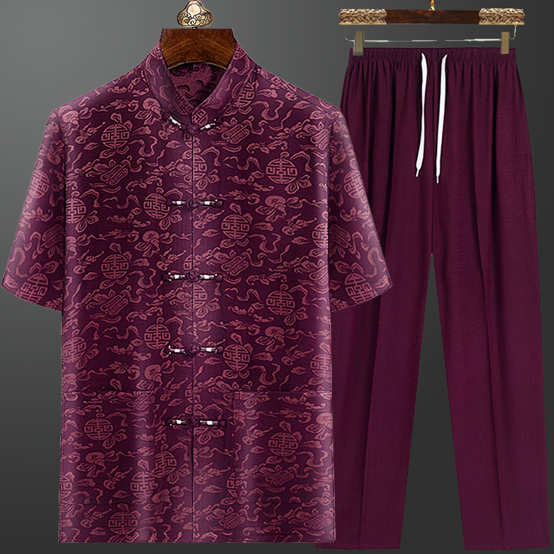 中老年人唐装男短袖套装夏新品父亲民族风复古汉服爷爷装棉绸提花