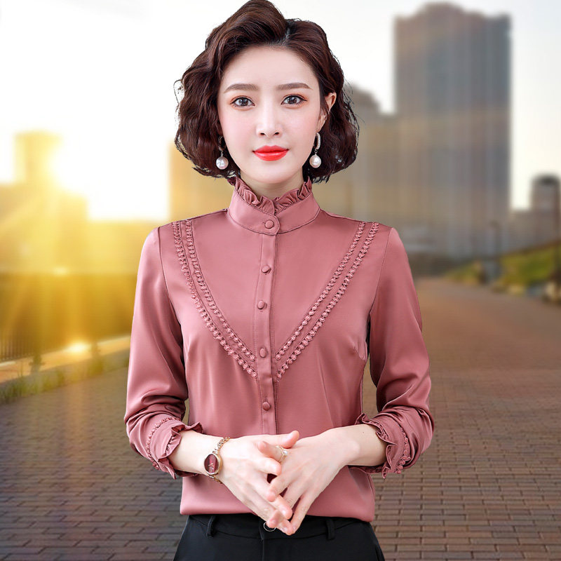 加绒缎面雪纺衬衫女长袖立领2021新款高端衬衣高领上衣妈妈打底衫