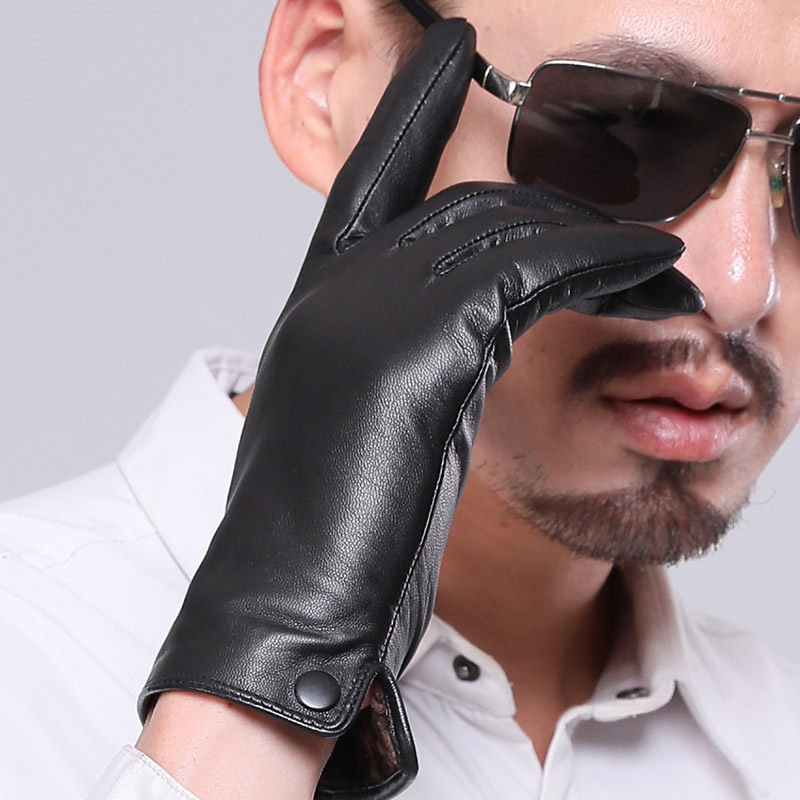 HAINING LEATHER GLOVES MENS WINTER WARMTH THICKENED DRIVING MOTORCYCLE TOUCH SCREEN THIN GOATSKIN GLOVES