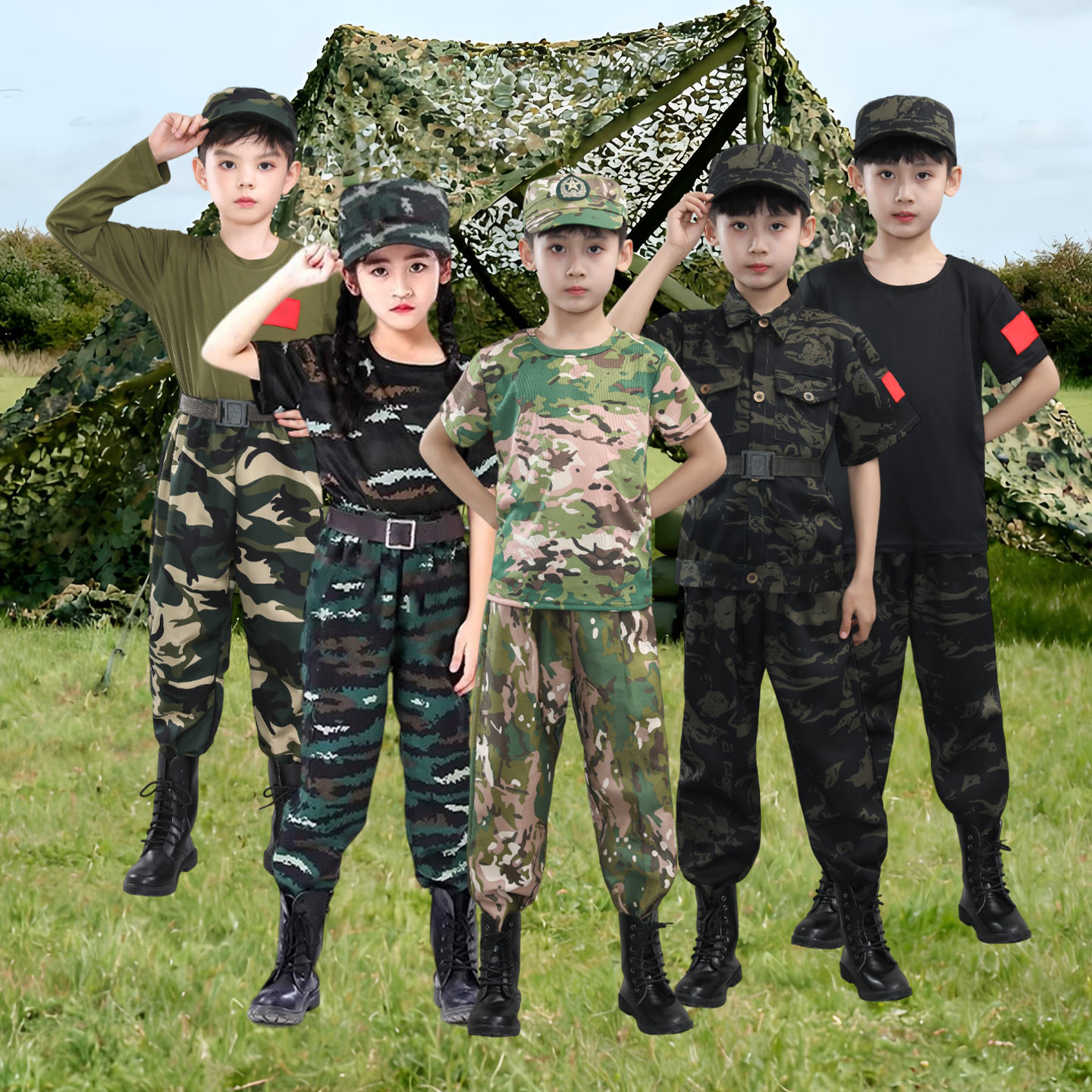 儿童迷彩服套装男童小学生礼物秋季T短袖户外军训演出服特种兵
