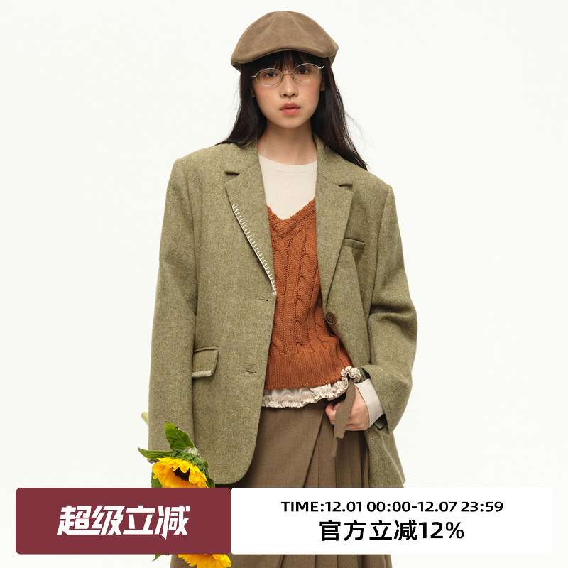 复古翻驳领毛呢西装外套