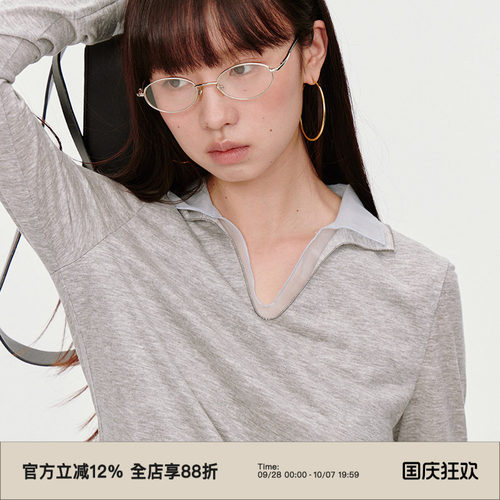 小翻领拼接欧根纱/长袖T恤