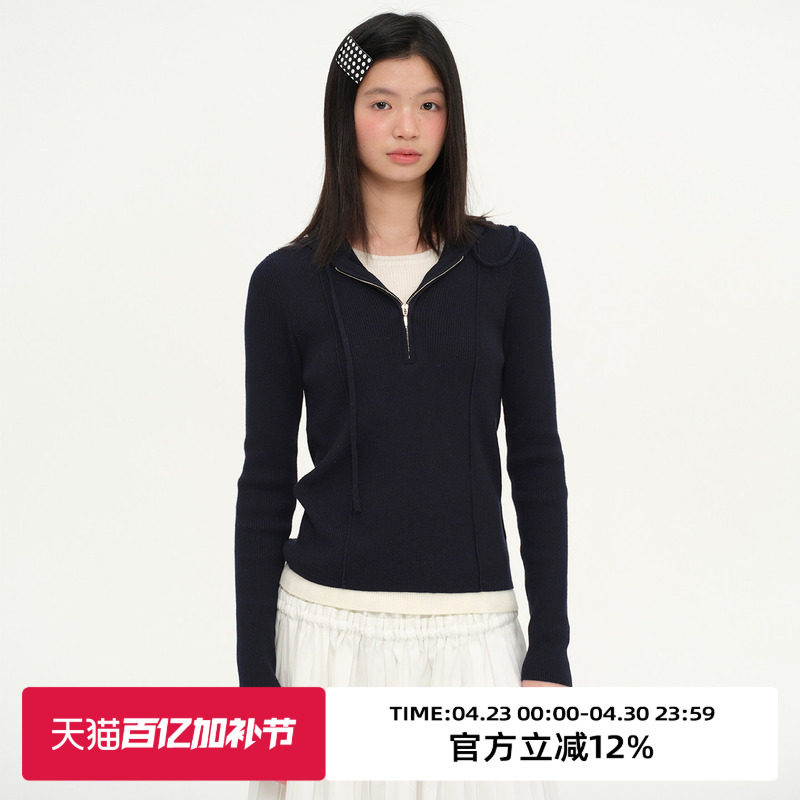 omont蛋挞家复古假两件连帽针织衫2026夏季运动休闲修身显瘦毛衣