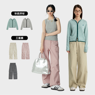 omont蛋挞家 连帽针织开衫毛衣/直筒工装裤高腰降落伞裤女