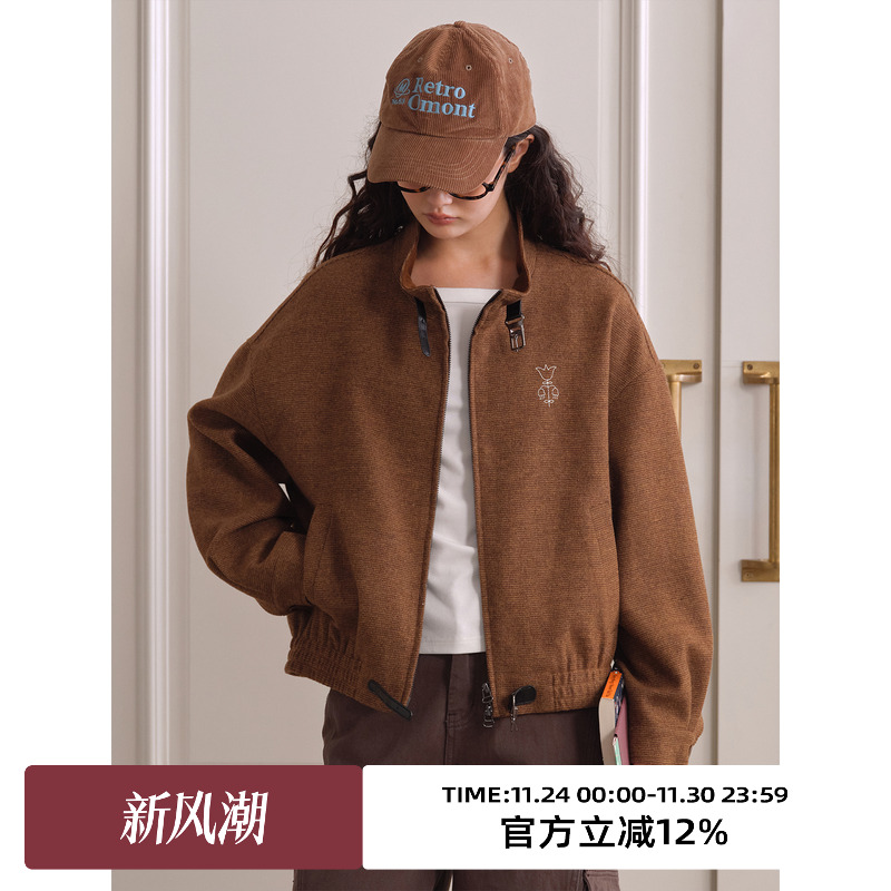 复古立领格纹毛呢外套