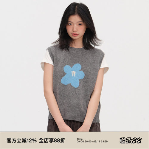 复古花朵提花圆领叠穿针织马甲