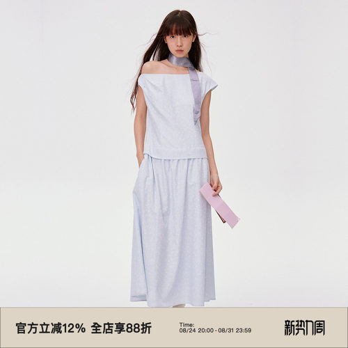 格纹面料/一字斜肩假两件连衣裙