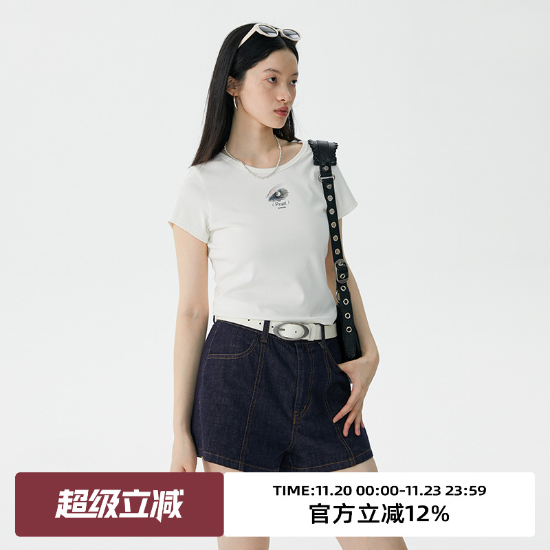 omont短袖复古印花正肩T恤