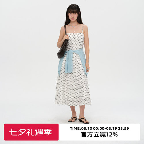 复古方领波点吊带连衣裙
