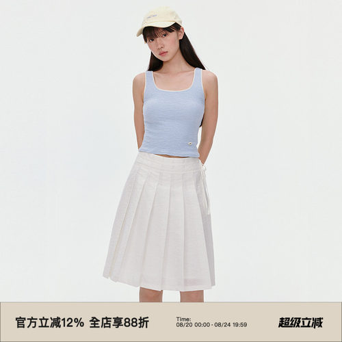 .侧腰节系带/中长百褶裙