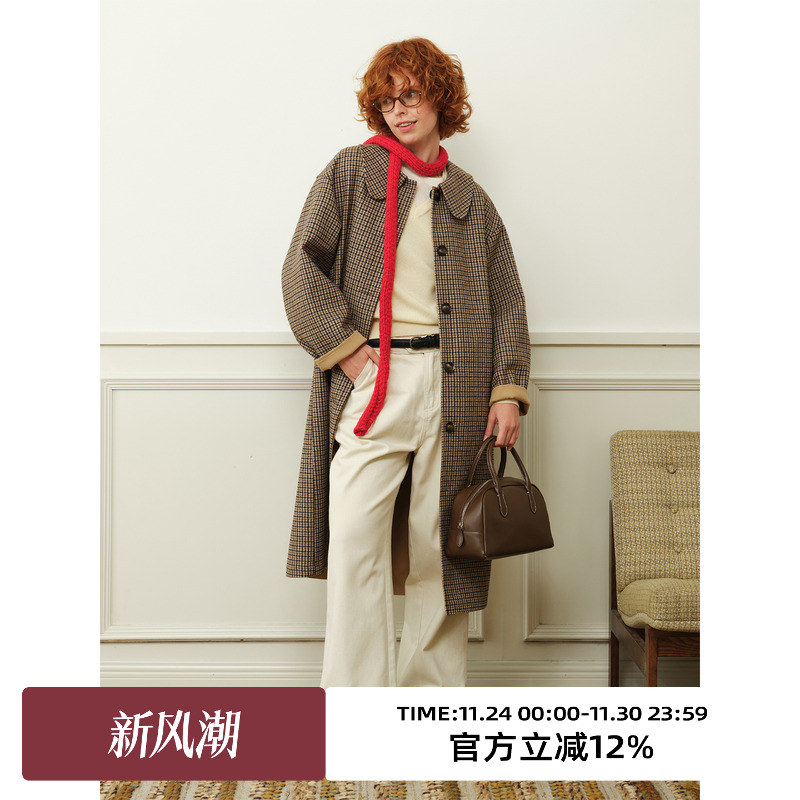复古两面穿千鸟格大毛呢外套大衣