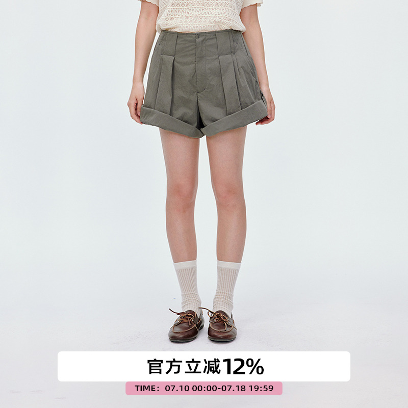 可卷边穿着/高腰阔腿休闲短裤子