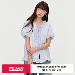 omont蛋挞家复古V领木耳边设计短袖衬衫夏气质宽松泡泡袖小衫上衣