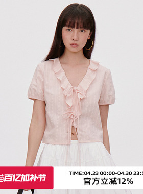 omont蛋挞家 复古V领荷叶边短袖衬衫2025夏季系带慵懒小衫上衣女