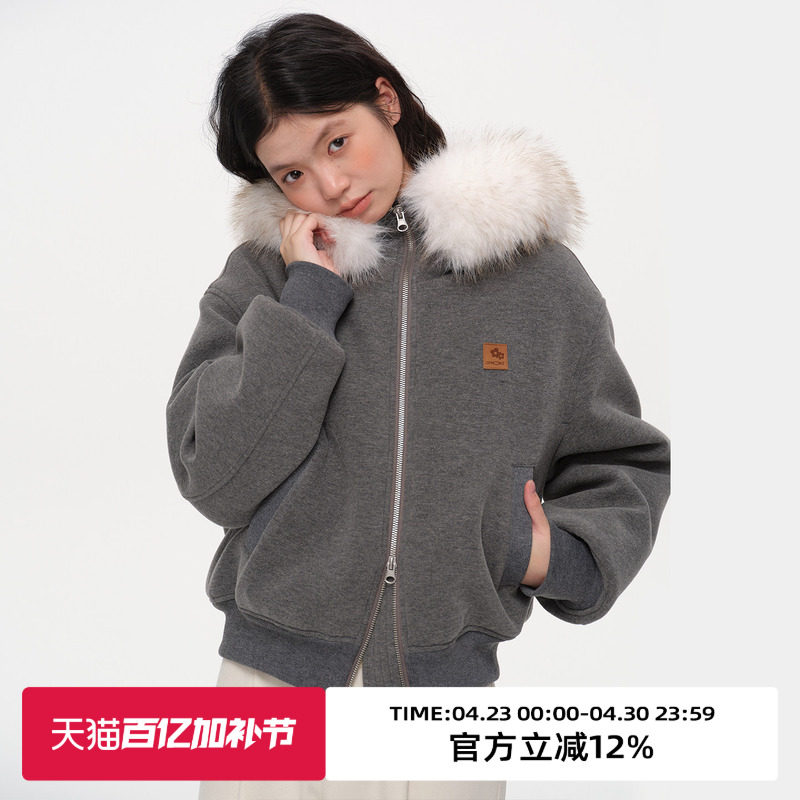 omont蛋挞家复古宽松休闲加厚连帽棉服2025冬内里绒保暖毛毛外套