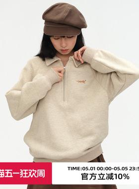 omont蛋挞家复古半拉链polo领卫衣秋季廓形宽松休闲套头上衣