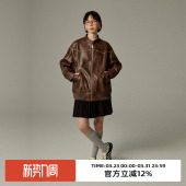 宽松休闲夹克上衣 新款 omont蛋挞家 复古做旧皮衣外套女春季