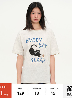 【3/23 0点新品9折】omont蛋挞家复古小猫印花宽松休闲短袖T恤夏