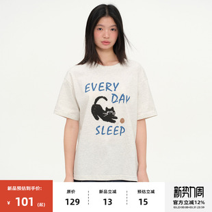 omont蛋挞家复古小猫印花宽松休闲短袖 9折 T恤夏 0点新品