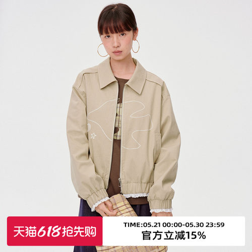 候鸟锁链绣/翻领/花边拼接短外套