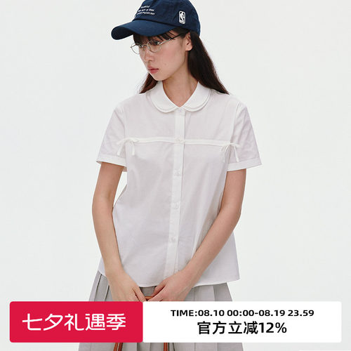 双层娃娃领/绑带蝴蝶结短袖衬衫