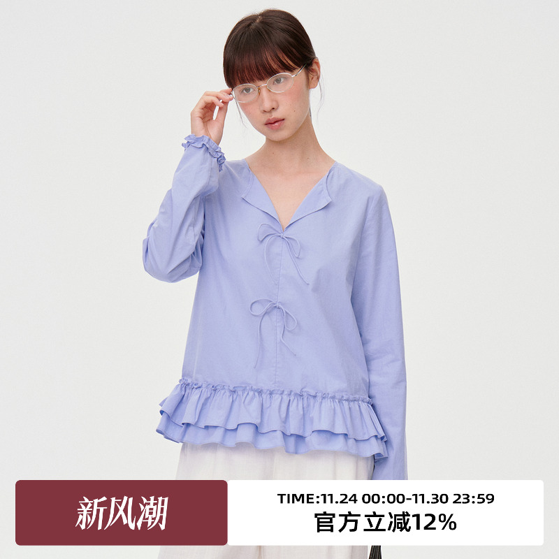 下摆荷叶边/门襟装饰/长袖衬衫