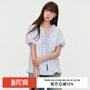 夏气质宽松小衫 春秋季 上衣 衬衫 omont蛋挞家复古V领木耳边设计短袖