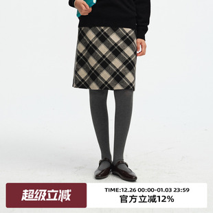 omont蛋挞家复古黑白格纹毛呢半身裙2025冬季 高腰直筒显瘦中裙子