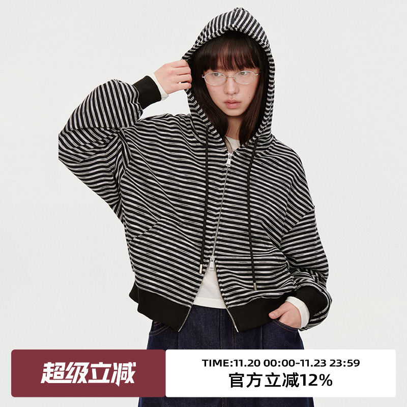 连帽设计/经典黑白条纹/连帽卫衣