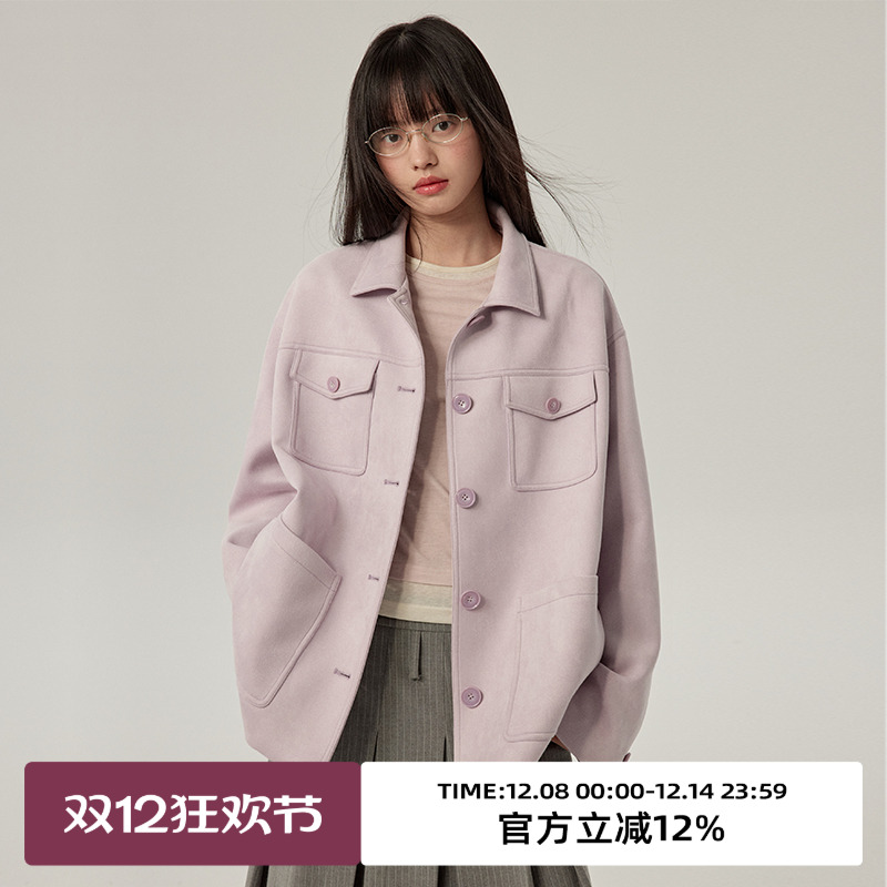 落肩/一手长/翻领麂皮外套