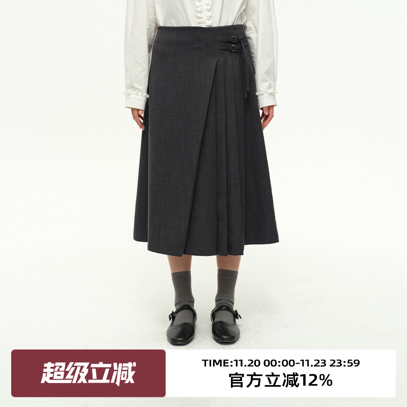 复古不规则压褶中长半身裙