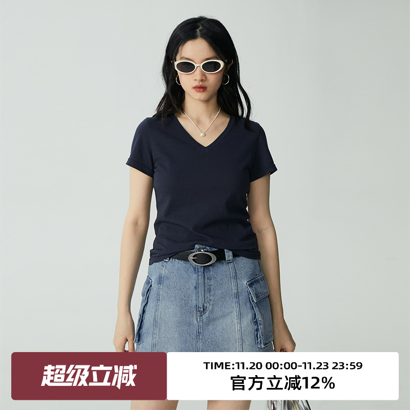 omont短袖v领薄款修身T恤