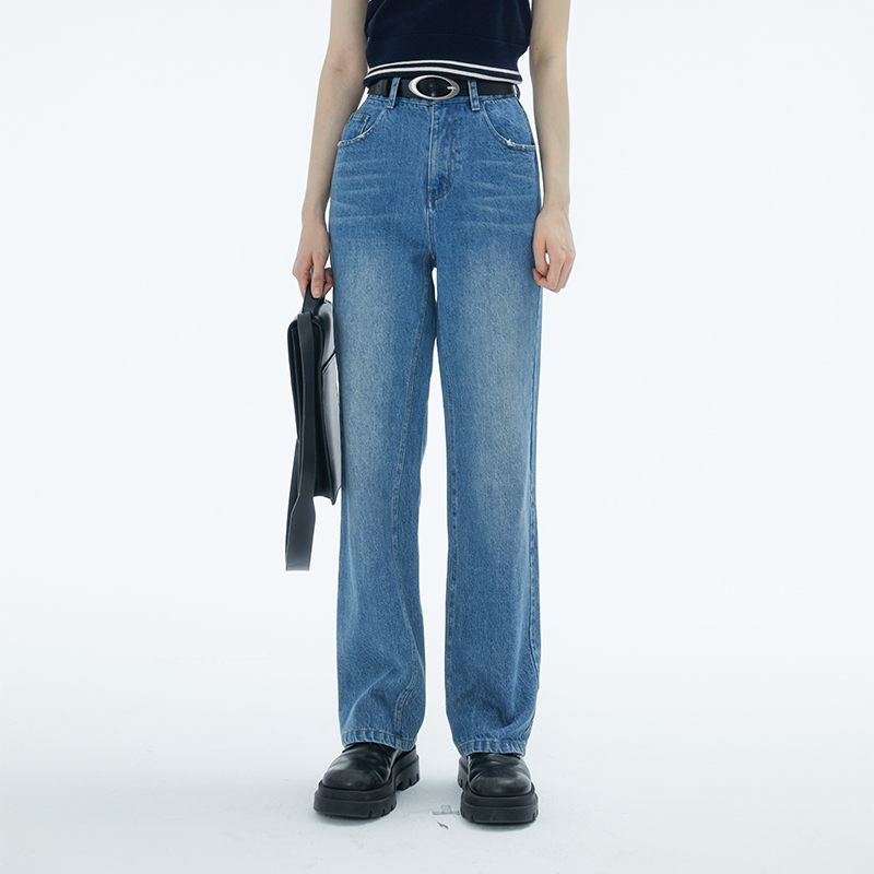omont高腰微喇直筒牛仔裤
