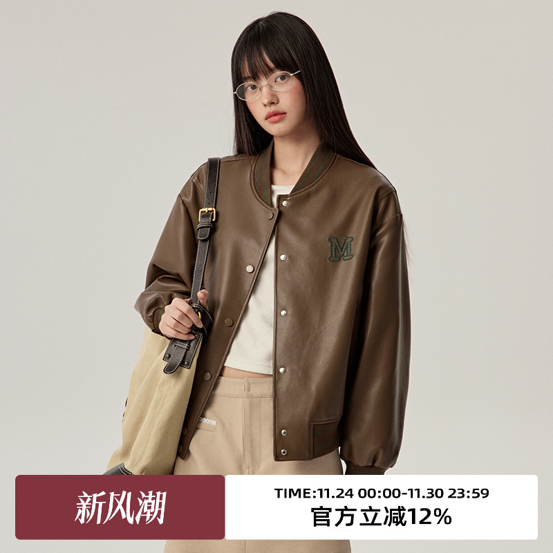 棒球服/字母绣花设计/皮革面料