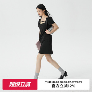 omont蛋挞家 短款泡泡袖连衣裙女夏季新款复古a字小黑裙短裙