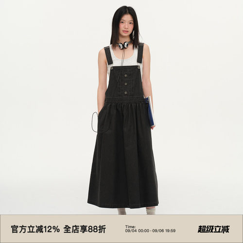 复古水洗棉黑色工装背带裙