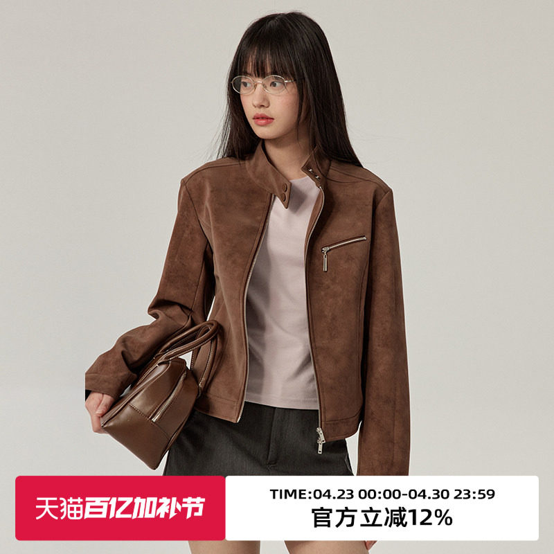 omont蛋挞家 复古麂皮立领机车外套秋季休闲百搭拉链夹克皮衣