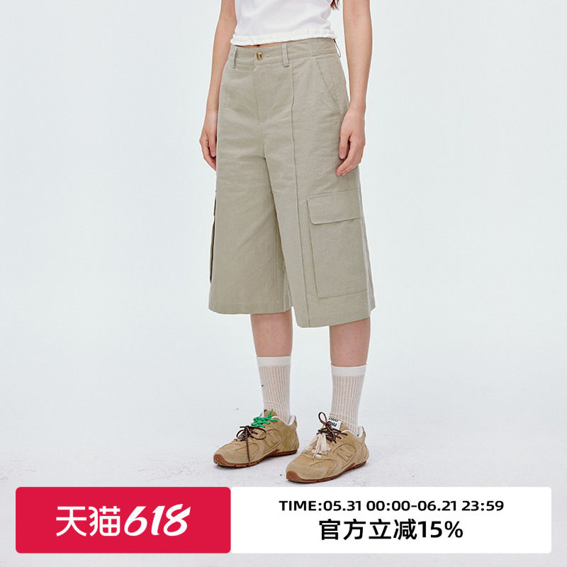omont蛋挞家复古工装麻感混纺休闲裤2025夏宽松直筒阔腿七分裤子