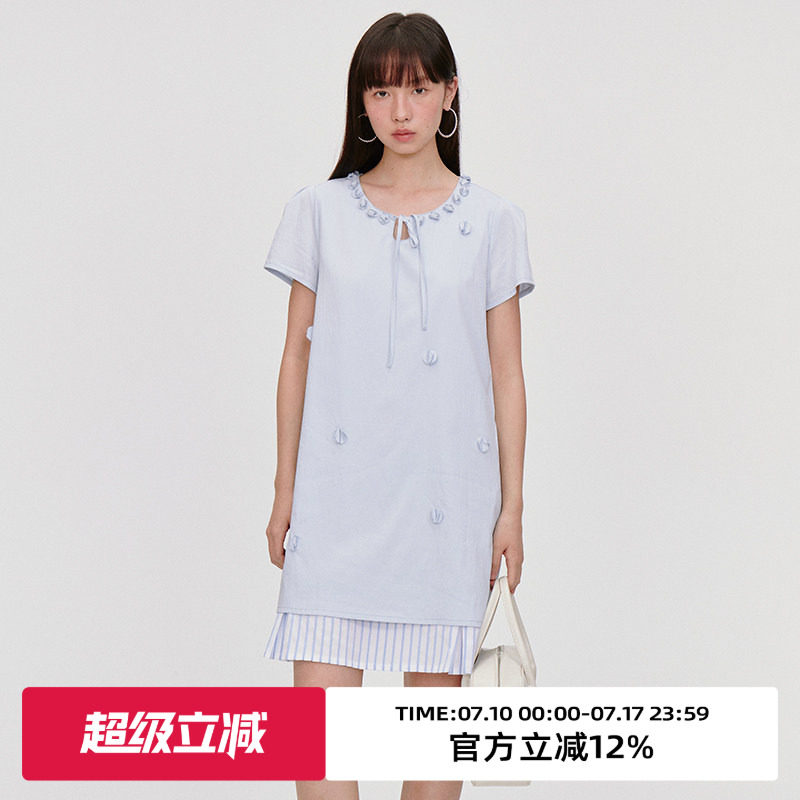 omont蛋挞家莱赛尔混纺假两件短袖连衣裙夏季设计感宽松短裙