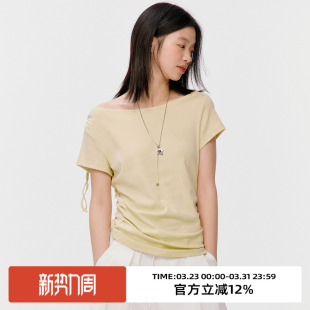 T恤 显瘦斜肩短袖 omont蛋挞家复古一字肩纯色外穿上衣2026春季 修身