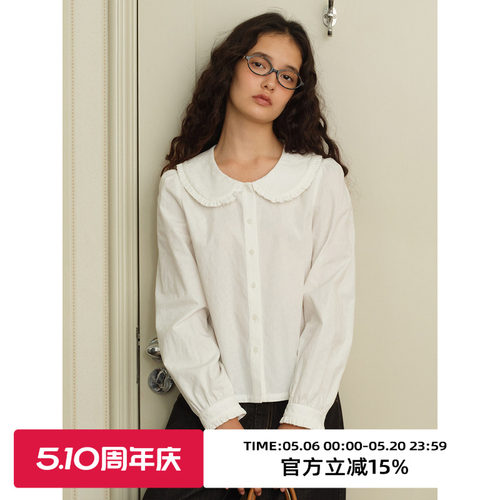 复古娃娃领提花面料修身长袖衬衫