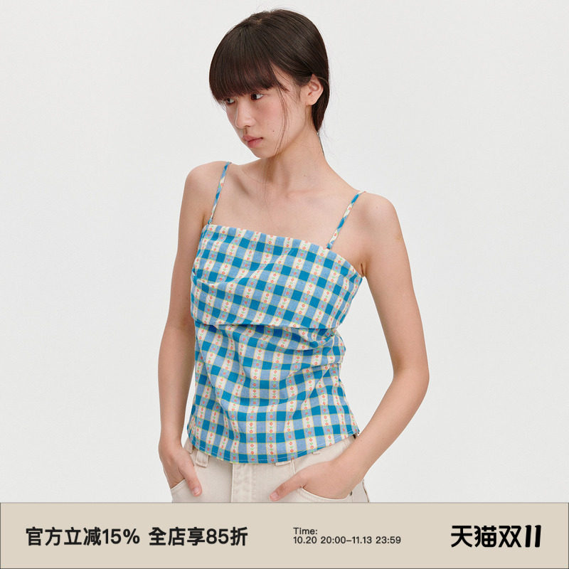 omont蛋挞家复古蓝白格子吊带背心春夏季度假风修身显瘦抹胸上衣
