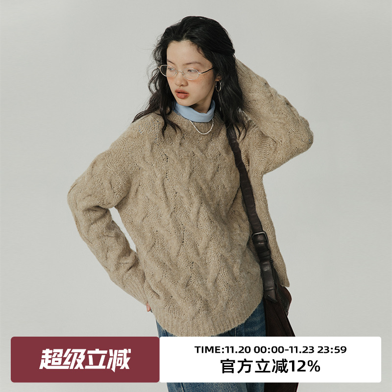 omont圆领长袖绞花软糯毛衣